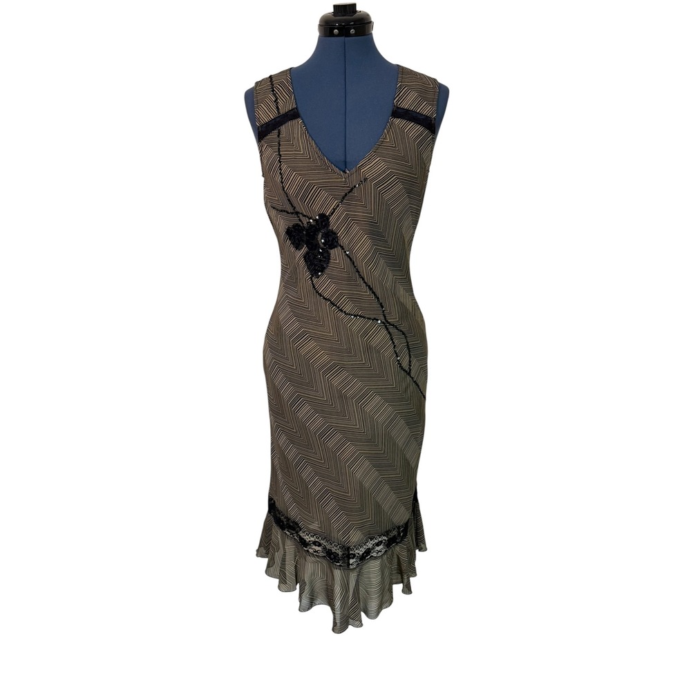 Charlotte Russe Y2K Tan Black Chevron Lace Sequin Deco Midi Dress Ruffle Hem L